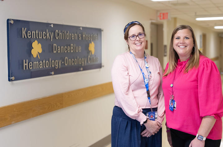 This is a photo of Dixie Marz and Courtney Emery, who help pediatric patients balance school work and cancer treatment. Hilary Brown | UK Photo