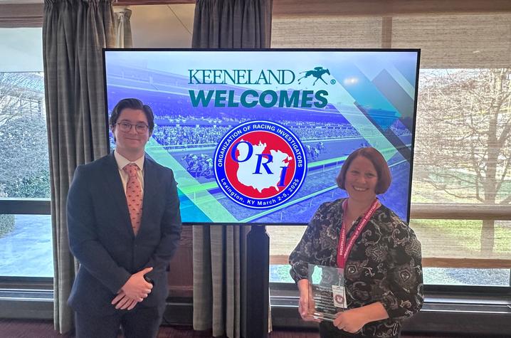 This is a photo of Landon Cord, left, undergraduate research intern and Kimberly Tumlin, Ph.D., research director of the Equestrian Athlete Initiative. Photo provided by Kimberly Tumlin.