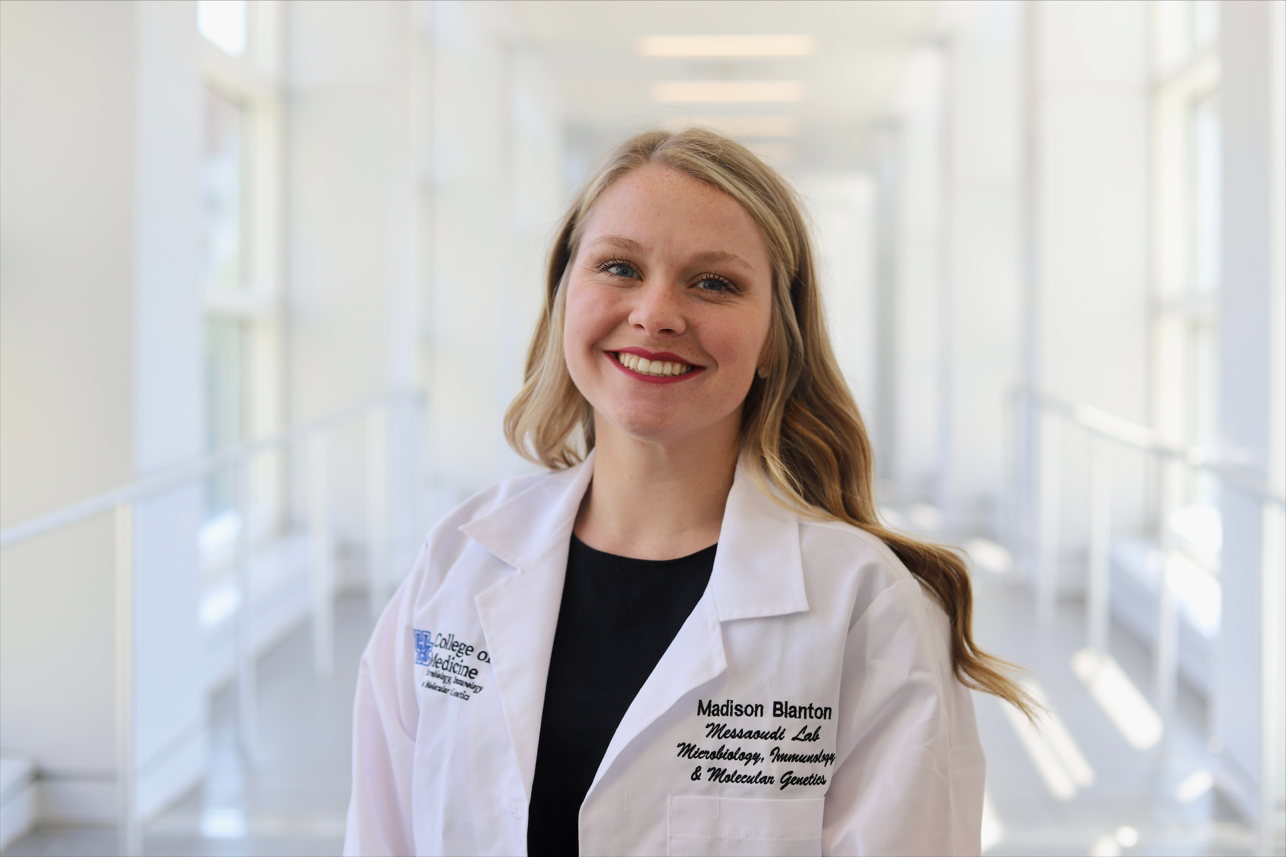 This is a photo of Madison Blanton, a Ph.D. student in the College of Pharmacy who’s working in the Messaoudi Lab in the Department of Microbiology, Immunology, and Molecular Genetics in the UK College of Medicine.  UK Photo