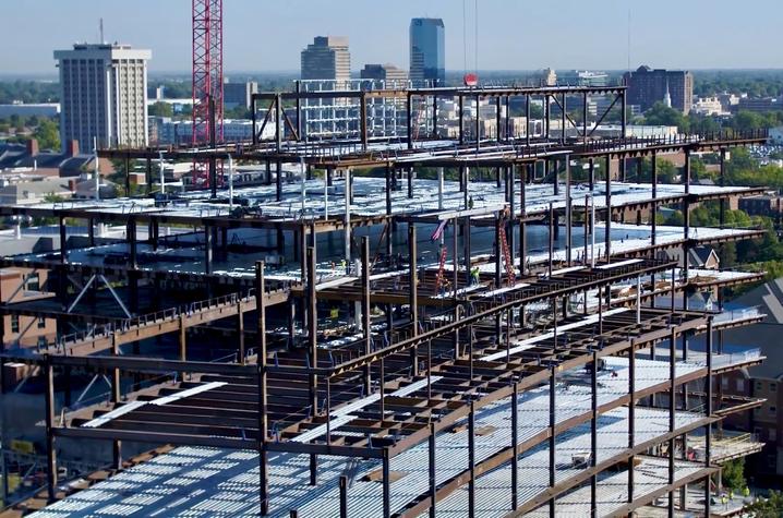 Construction of the Rankin Health Education Building. Metal framing and scaffolding. 