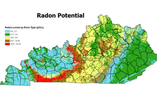 Due to the state’s geologic makeup, many areas of Kentucky have high radon potential. Map provided by Kentucky Geological Survey.