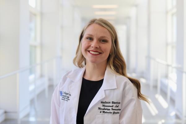 This is a photo of Madison Blanton, a Ph.D. student in the College of Pharmacy who’s working in the Messaoudi Lab in the Department of Microbiology, Immunology, and Molecular Genetics in the UK College of Medicine.  UK Photo