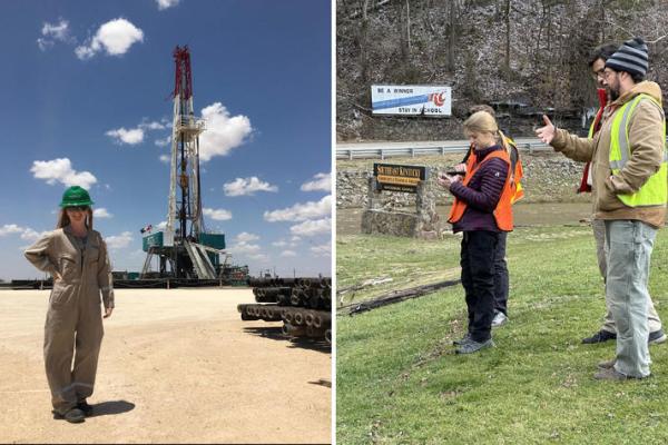 At left, Meredith Swallom stands in front of a drill site while working for Pioneer Natural Resources. At right, Meredith Swallom, Jason Dortch and others collect high water marks in Eastern Kentucky after recent flooding.