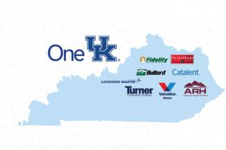 OneUK logo in shape of Kentucky with other company logos in the state
