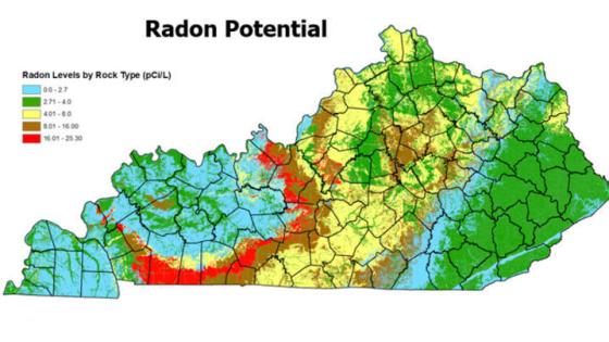 Due to the state’s geologic makeup, many areas of Kentucky have high radon potential. Map provided by Kentucky Geological Survey.