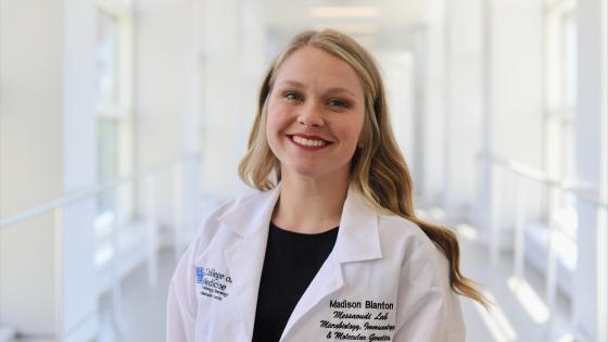 This is a photo of Madison Blanton, a Ph.D. student in the College of Pharmacy who’s working in the Messaoudi Lab in the Department of Microbiology, Immunology, and Molecular Genetics in the UK College of Medicine.  UK Photo