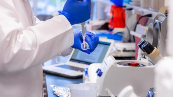 Person in white coat and blue gloves measuring out a liquid. 