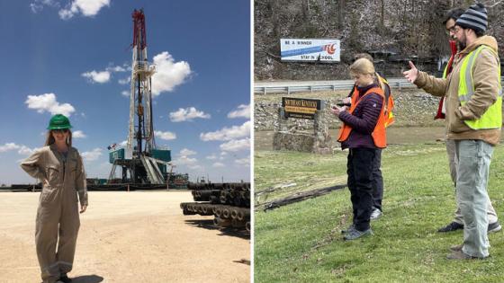 At left, Meredith Swallom stands in front of a drill site while working for Pioneer Natural Resources. At right, Meredith Swallom, Jason Dortch and others collect high water marks in Eastern Kentucky after recent flooding.