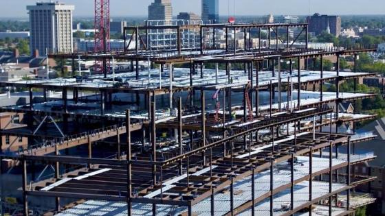 Construction of the Rankin Health Education Building. Metal framing and scaffolding. 